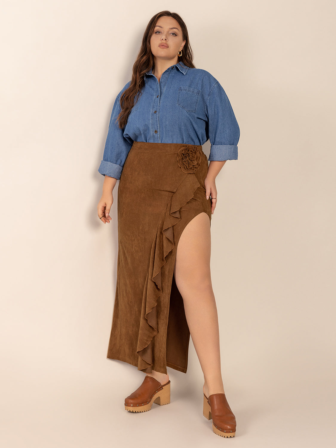 Plus Size Ruffled Slit High Rise Skirt-BOTTOM SIZES SMALL MEDIUM LARGE-[Adult]-[Female]-2022 Online Blue Zone Planet