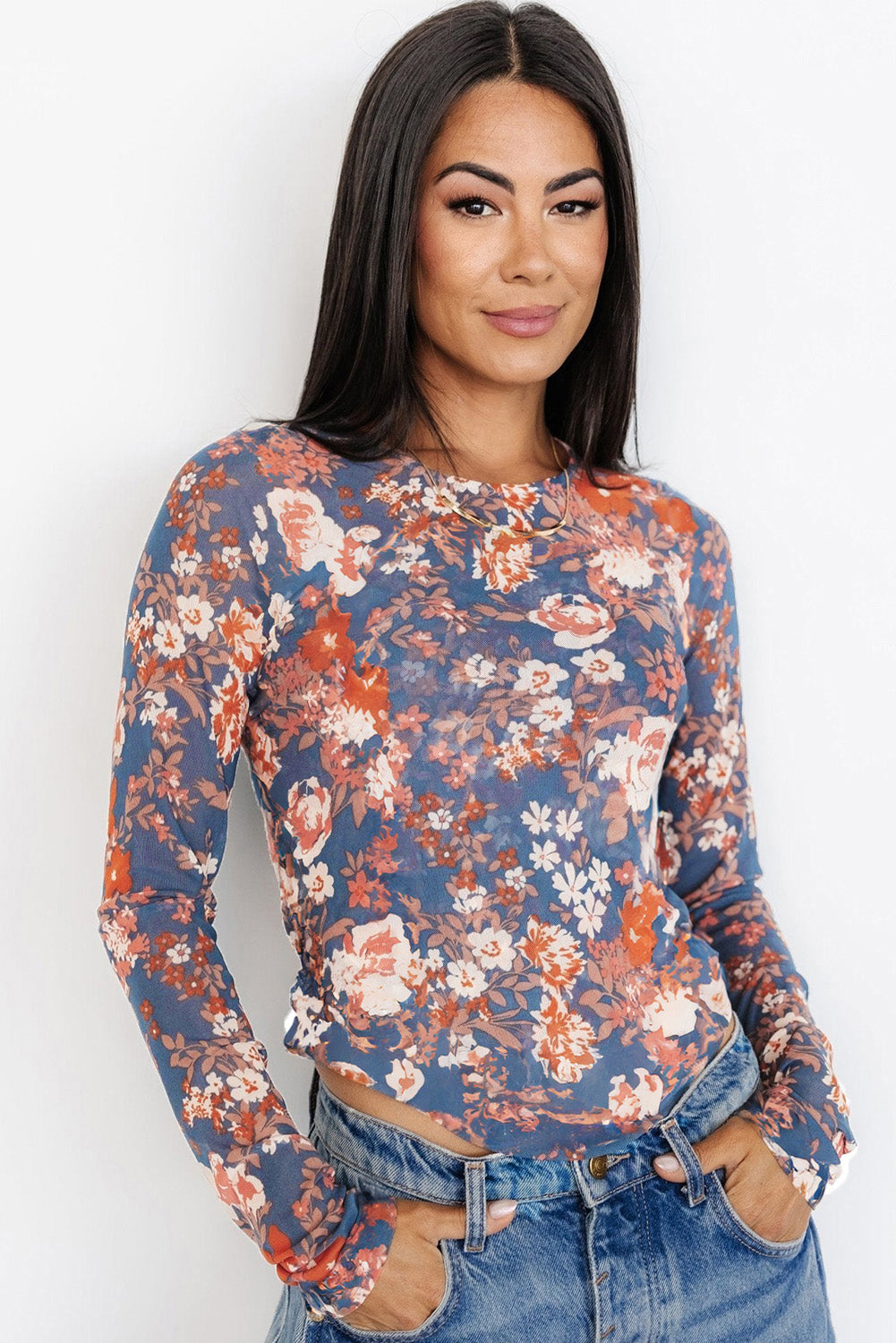 Orchid Petal Allover Floral Print Mesh Long Sleeve Top-Long Sleeve Tops-[Adult]-[Female]-2022 Online Blue Zone Planet