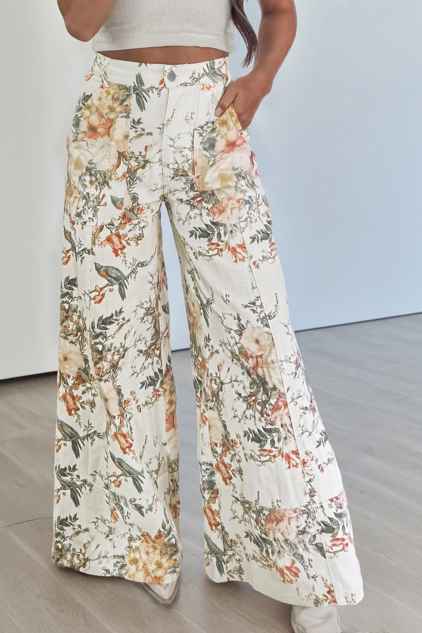 Beige Vintage Style Floral Print High Waist Wide Leg Jeans-Bottoms/Jeans-[Adult]-[Female]-Beige-4-2022 Online Blue Zone Planet