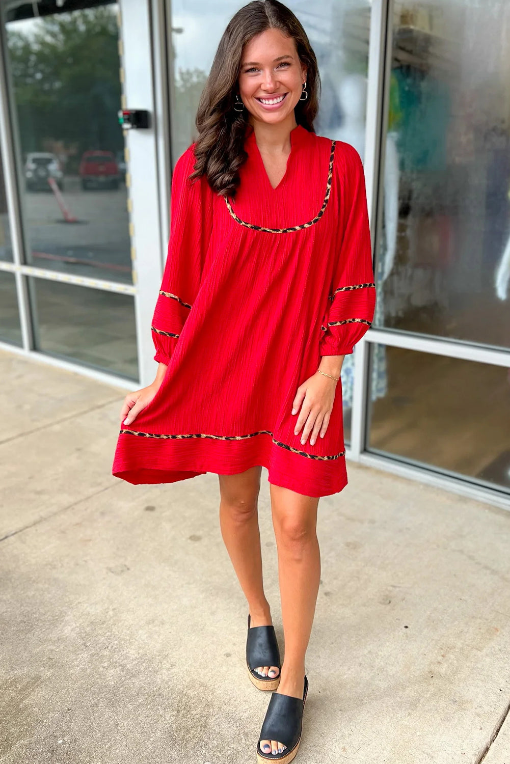 Fiery Red Textured V Neck Leopard Contrasted Trim Long Sleeve Shift Mini Dress-Dresses/Mini Dresses-[Adult]-[Female]-2022 Online Blue Zone Planet