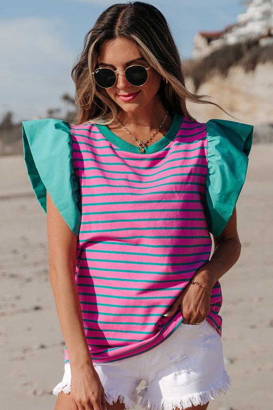 Pink Stripe Colorblock Ruffled Sleeve Crew Neck Blouse-Tops/Blouses & Shirts-[Adult]-[Female]-Pink Stripe-S-2022 Online Blue Zone Planet