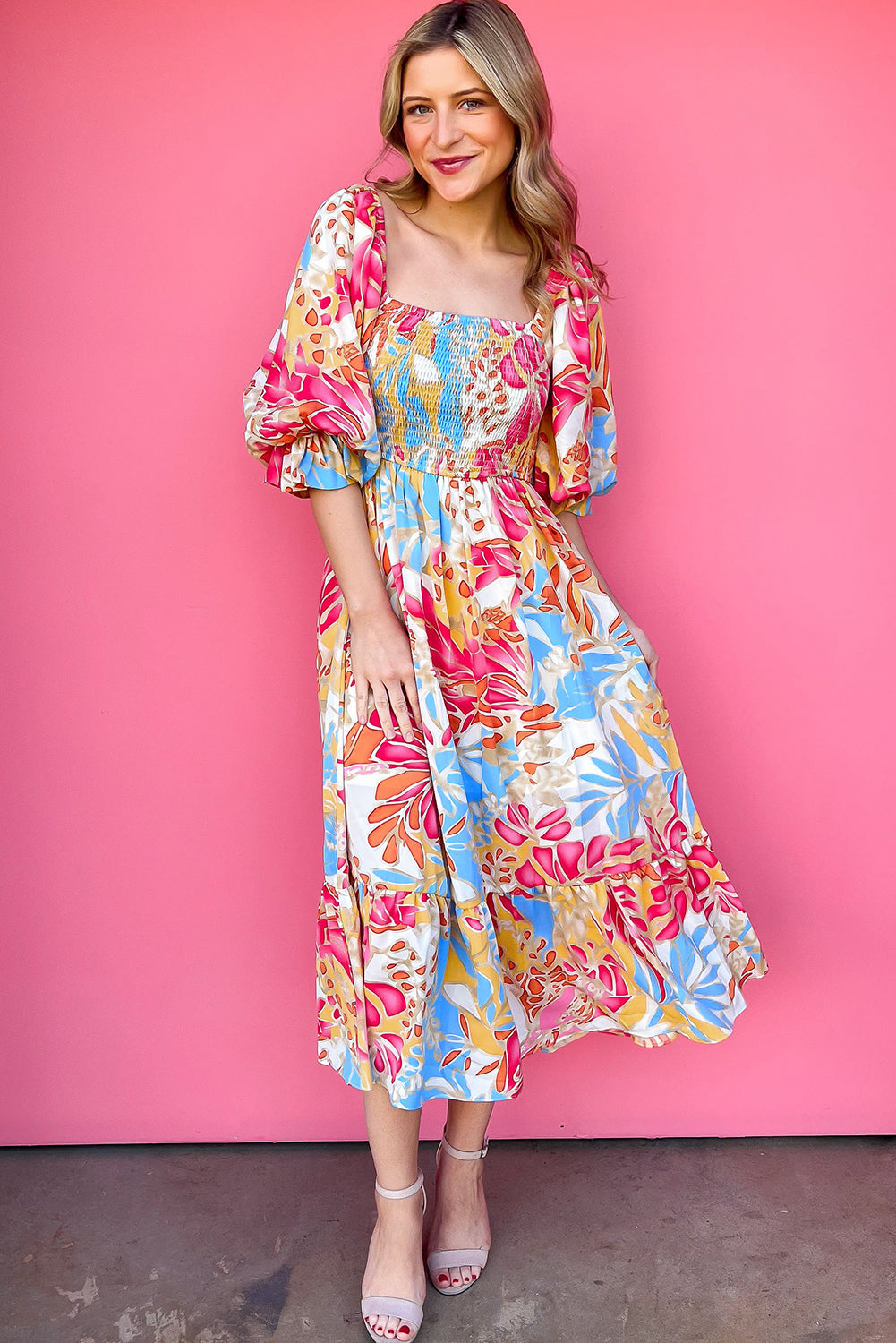 Rose Red Tropical Print Smocked Bodice Puff Sleeve Midi Dress-Midi Dresses-[Adult]-[Female]-2022 Online Blue Zone Planet