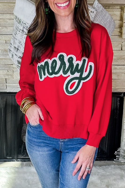 Fiery Red Merry Script Holiday Christmas Graphic Sweatshirt-Tops/Sweatshirts & Hoodies-[Adult]-[Female]-Fiery Red-S-2022 Online Blue Zone Planet
