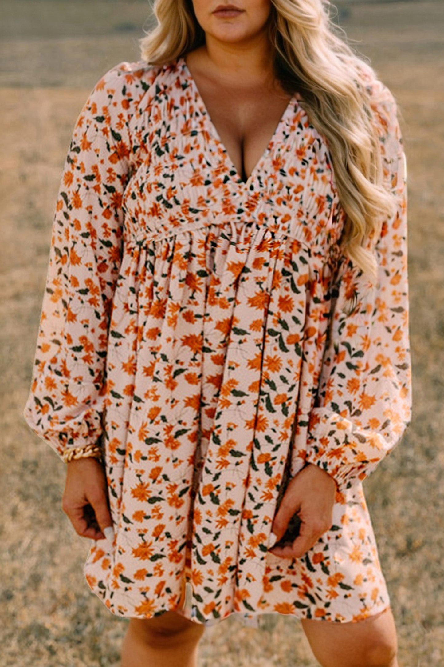 Beige Plus Size Floral Print V Neck Long Sleeve Babydoll Short Dress-Plus Size/Plus Size Dresses/Plus Size Mini Dresses-[Adult]-[Female]-Beige-1X-2022 Online Blue Zone Planet