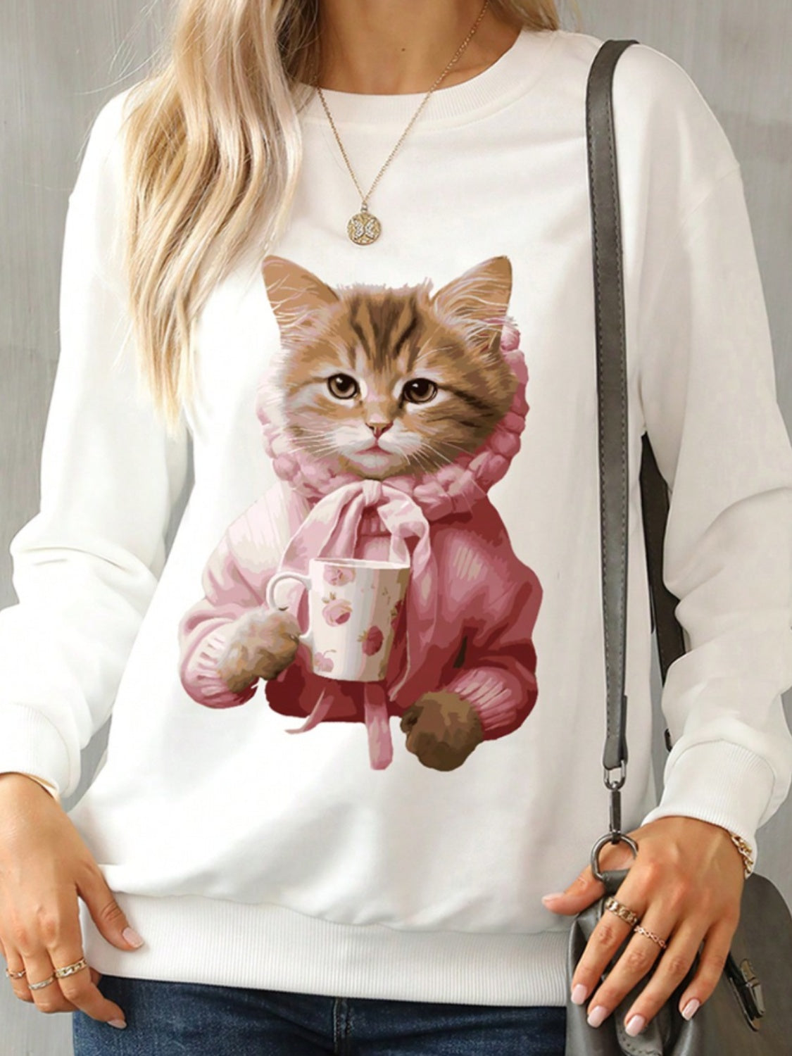 Cat Round Neck Long Sleeve Sweatshirt-TOPS / DRESSES-[Adult]-[Female]-2022 Online Blue Zone Planet