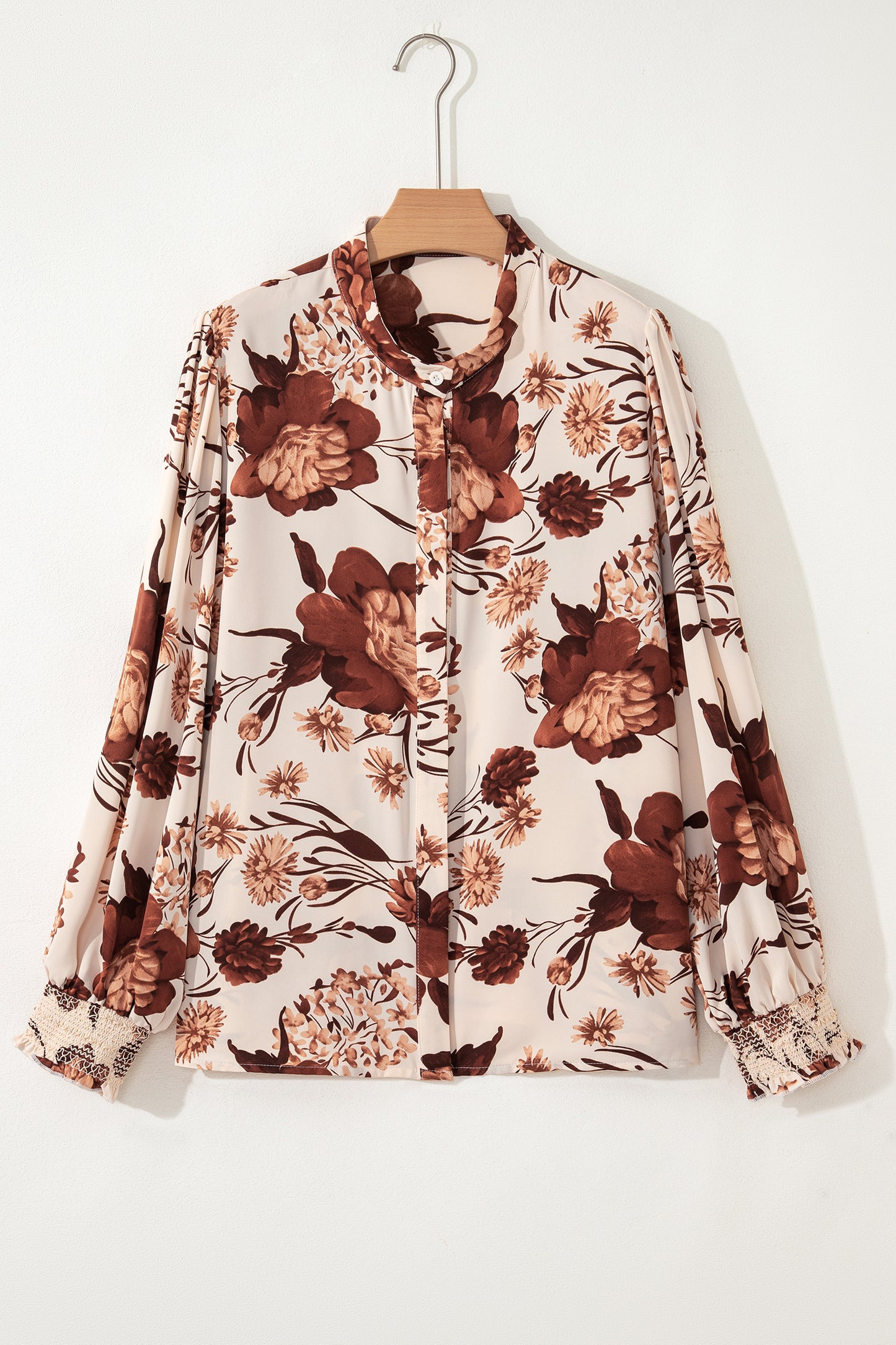 Brown Floral Print Button Down Poet Sleeve Shirt-Tops/Blouses & Shirts-[Adult]-[Female]-2022 Online Blue Zone Planet