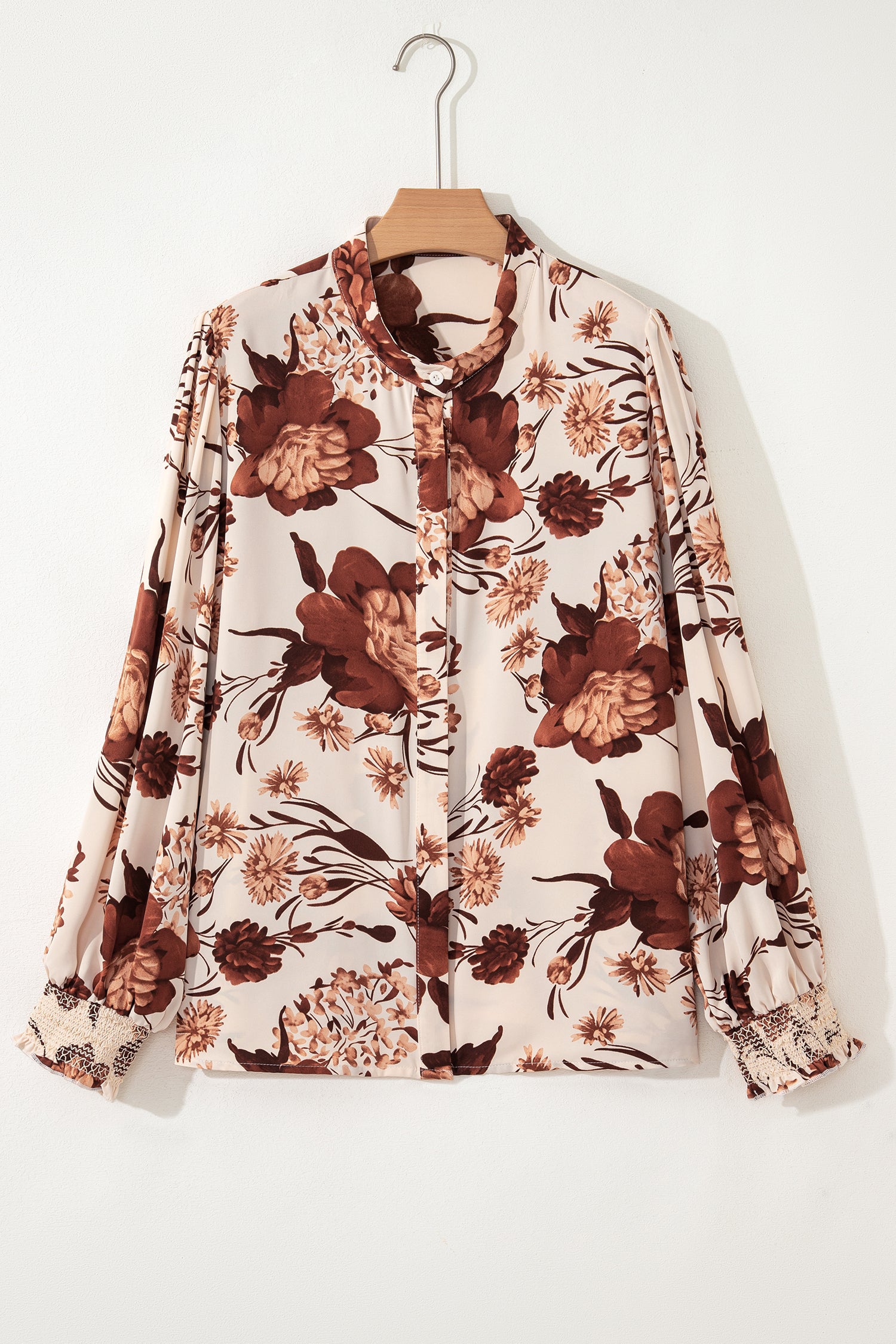 Brown Floral Print Button Down Poet Sleeve Shirt-Tops/Blouses & Shirts-[Adult]-[Female]-2022 Online Blue Zone Planet