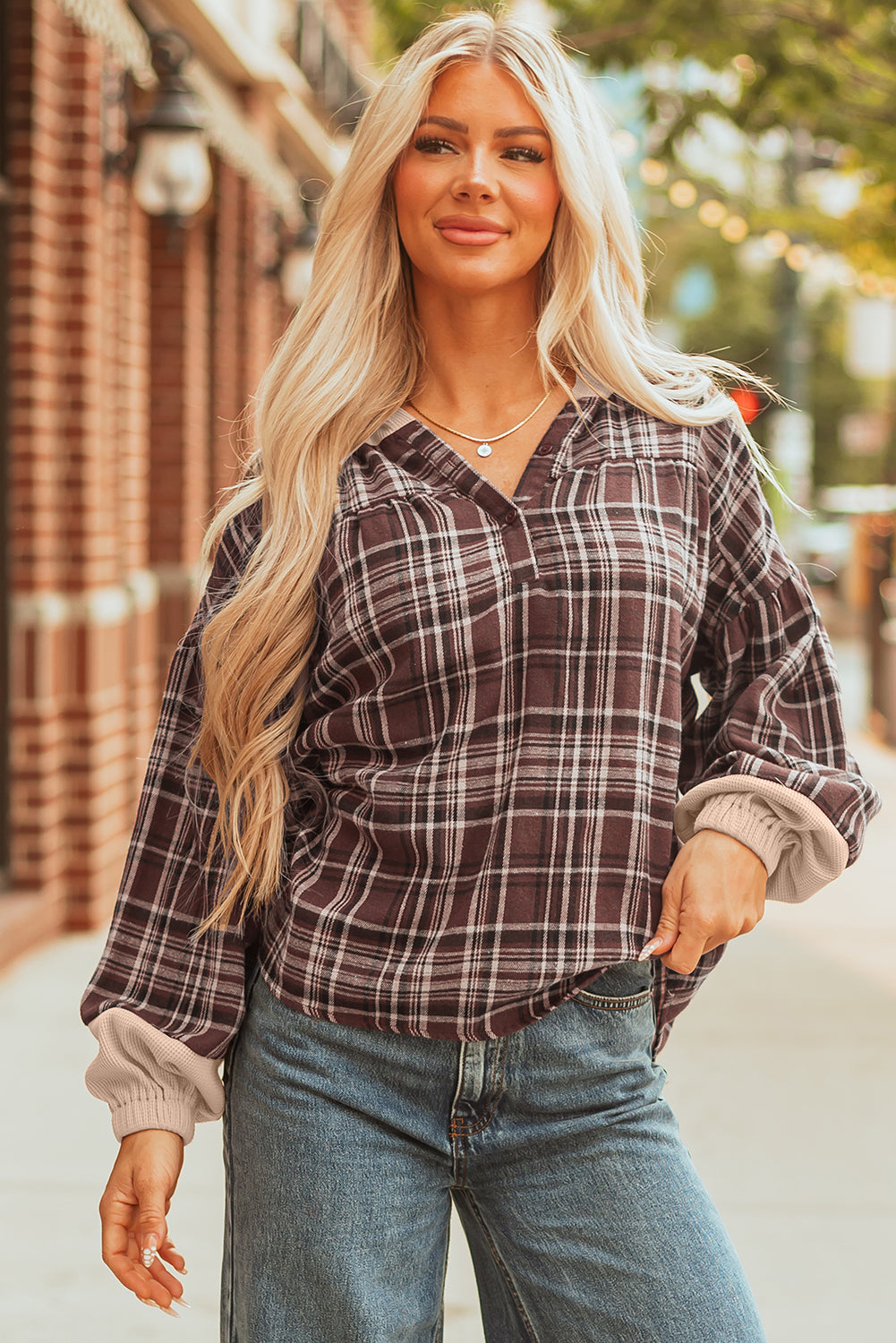 Brown Plaid Patchwork Long Sleeve Button Hooded Blouse-Tops / Dresses-[Adult]-[Female]-2022 Online Blue Zone Planet