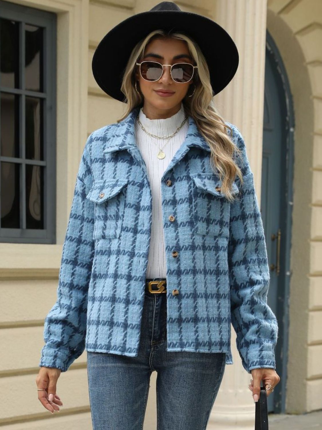 Plaid Collared Neck Long Sleeve Jacket-TOPS / DRESSES-[Adult]-[Female]-2022 Online Blue Zone Planet