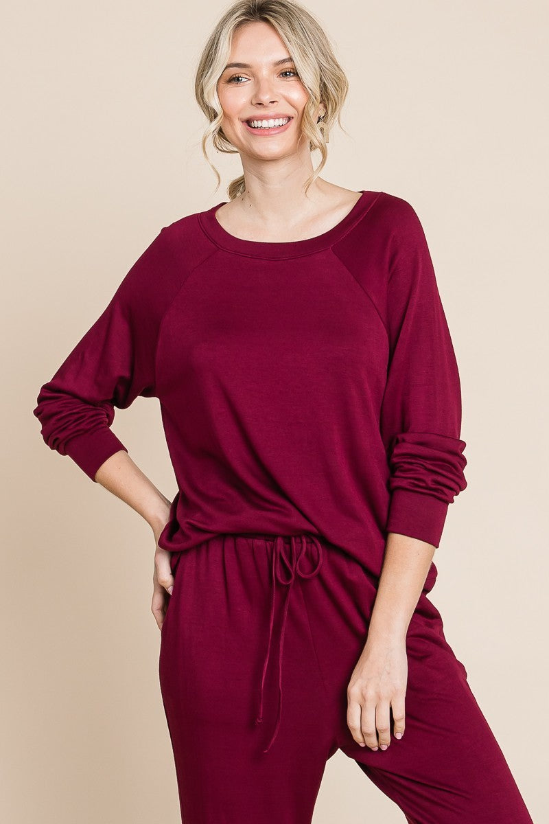 Super Lady Round Neck Raglan Sleeve Top and Pants Lounge Set-TOPS / DRESSES-[Adult]-[Female]-Burgundy-S-2022 Online Blue Zone Planet