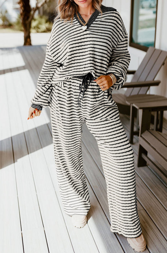 White Stripe Collared Pullover Top and Drawstring Pant Set
