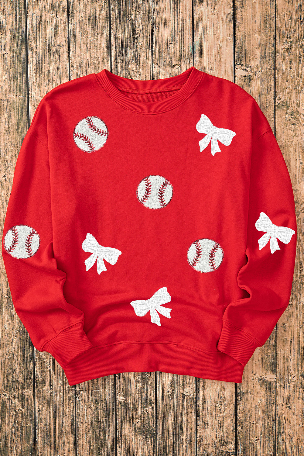 Red Sequin Baseball Bow Patched Pattern Game Day Pullover Sweatshirt-Graphic/Graphic Sweatshirts-[Adult]-[Female]-2022 Online Blue Zone Planet