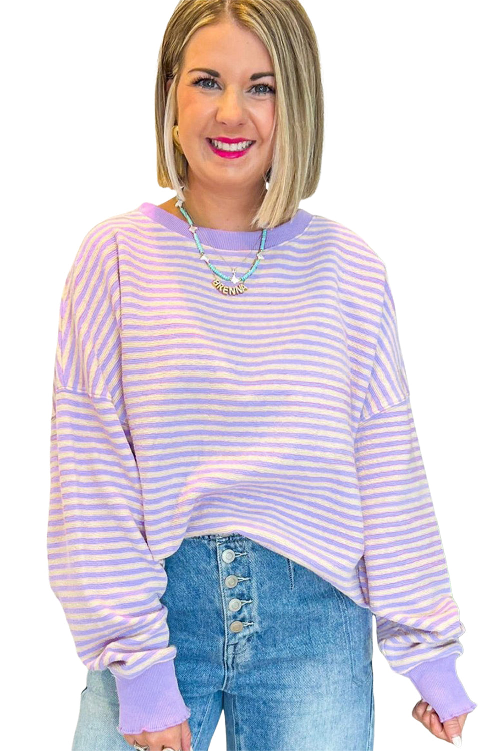 Blue Zone Planet | Green Stripe Drop Shoulder Long Sleeve Top-Long Sleeve Tops-[Adult]-[Female]-2022 Online Blue Zone Planet