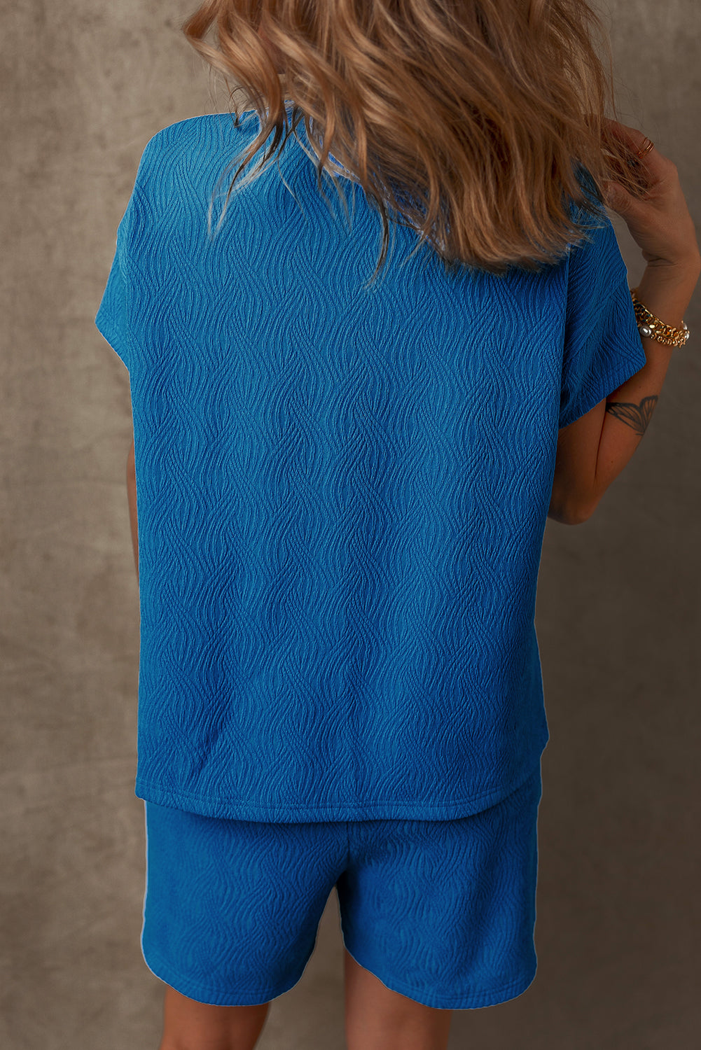 Bluing Solid Textured Crew Neck Short Set-Two Piece Sets/Short Sets-[Adult]-[Female]-2022 Online Blue Zone Planet