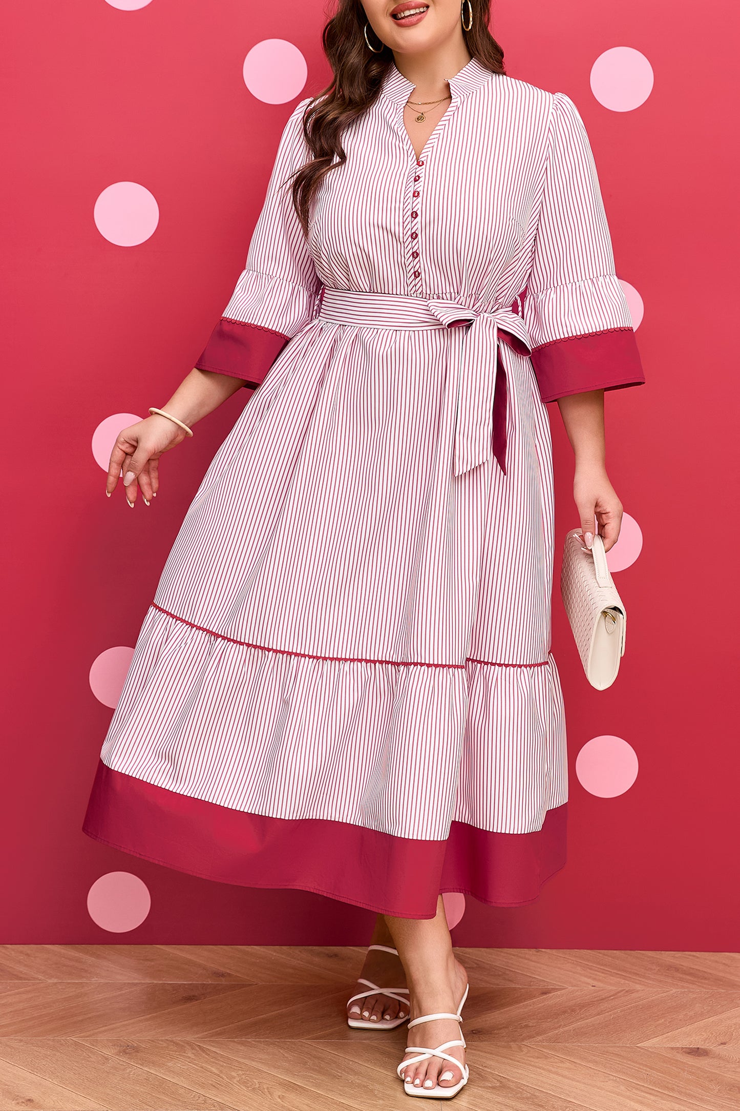 Red Stripe Plus Size Ruffled Hem Pinstriped Midi Dress-TOPS / DRESSES-[Adult]-[Female]-2022 Online Blue Zone Planet