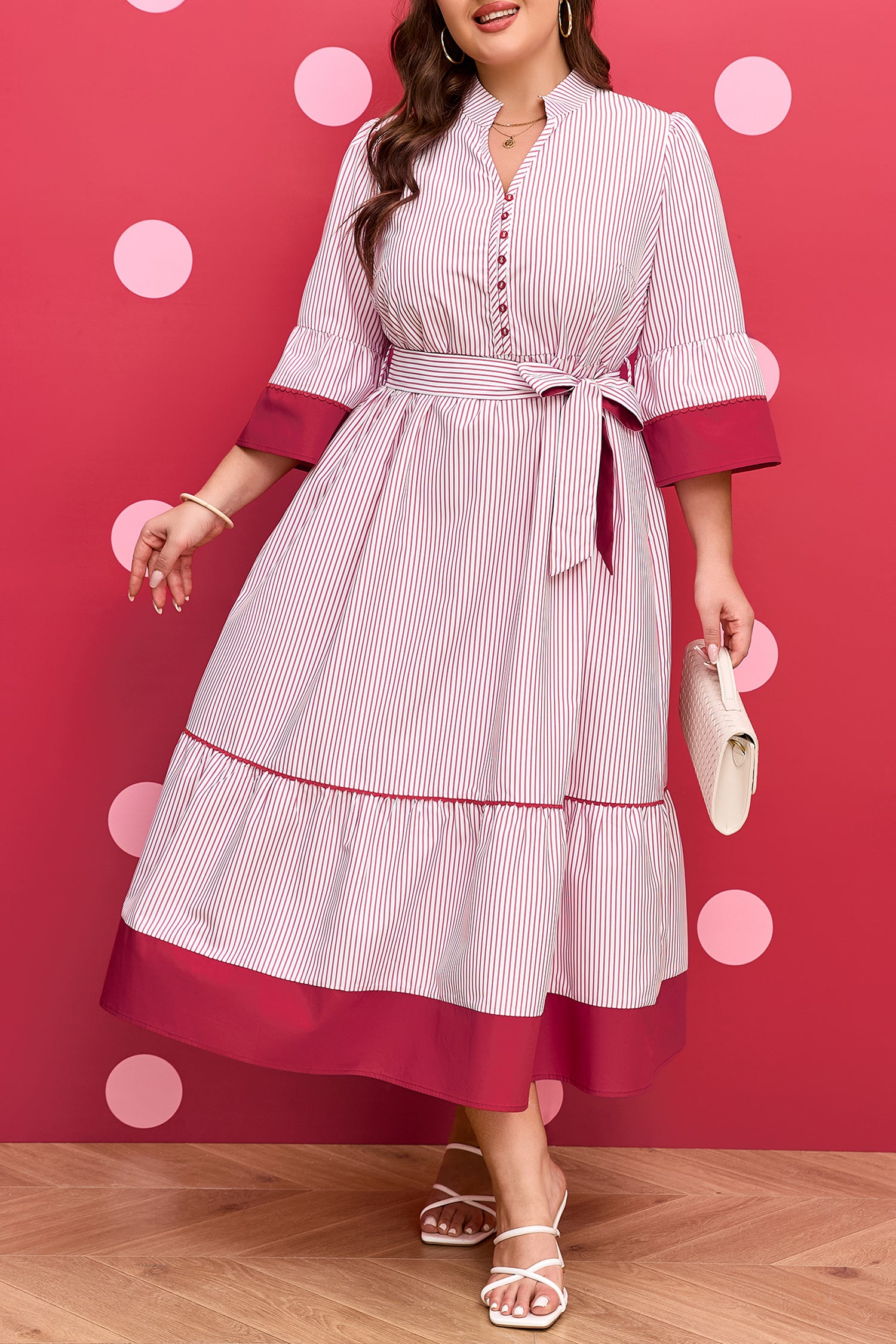 Red Stripe Plus Size Ruffled Hem Pinstriped Midi Dress-TOPS / DRESSES-[Adult]-[Female]-2022 Online Blue Zone Planet