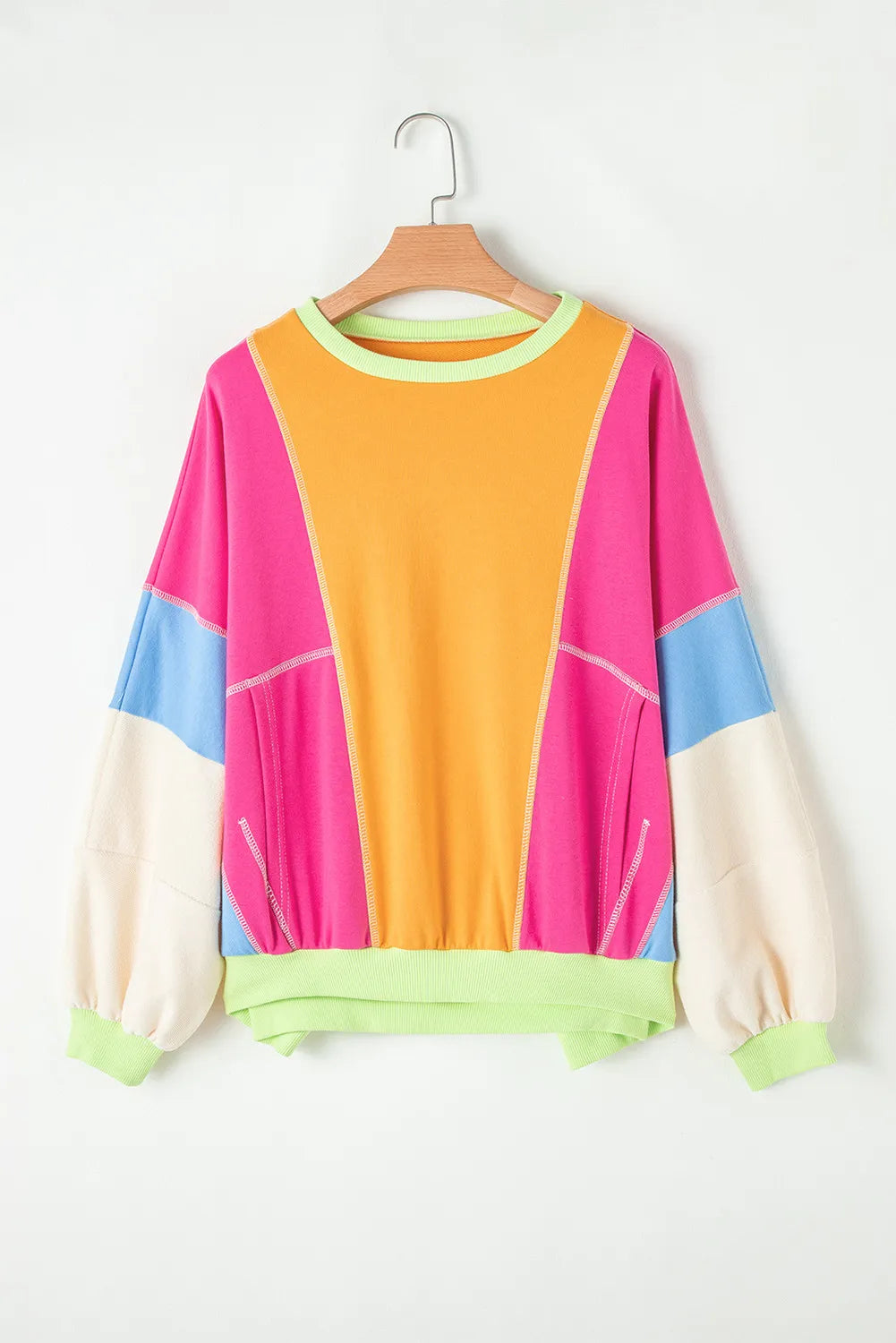 Color Block Round Neck Long Sleeve Top-TOPS / DRESSES-[Adult]-[Female]-2022 Online Blue Zone Planet