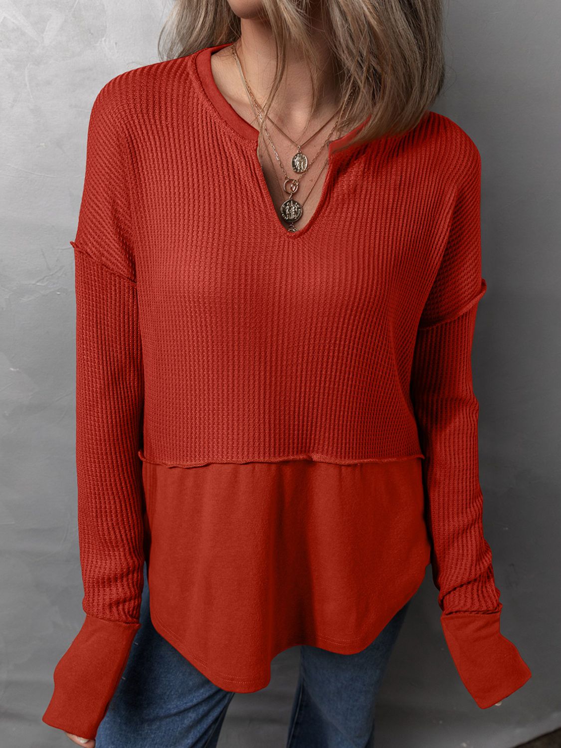 Waffle-Knit Notched Long Sleeve T-Shirt-TOPS / DRESSES-[Adult]-[Female]-Deep Red-S-2022 Online Blue Zone Planet