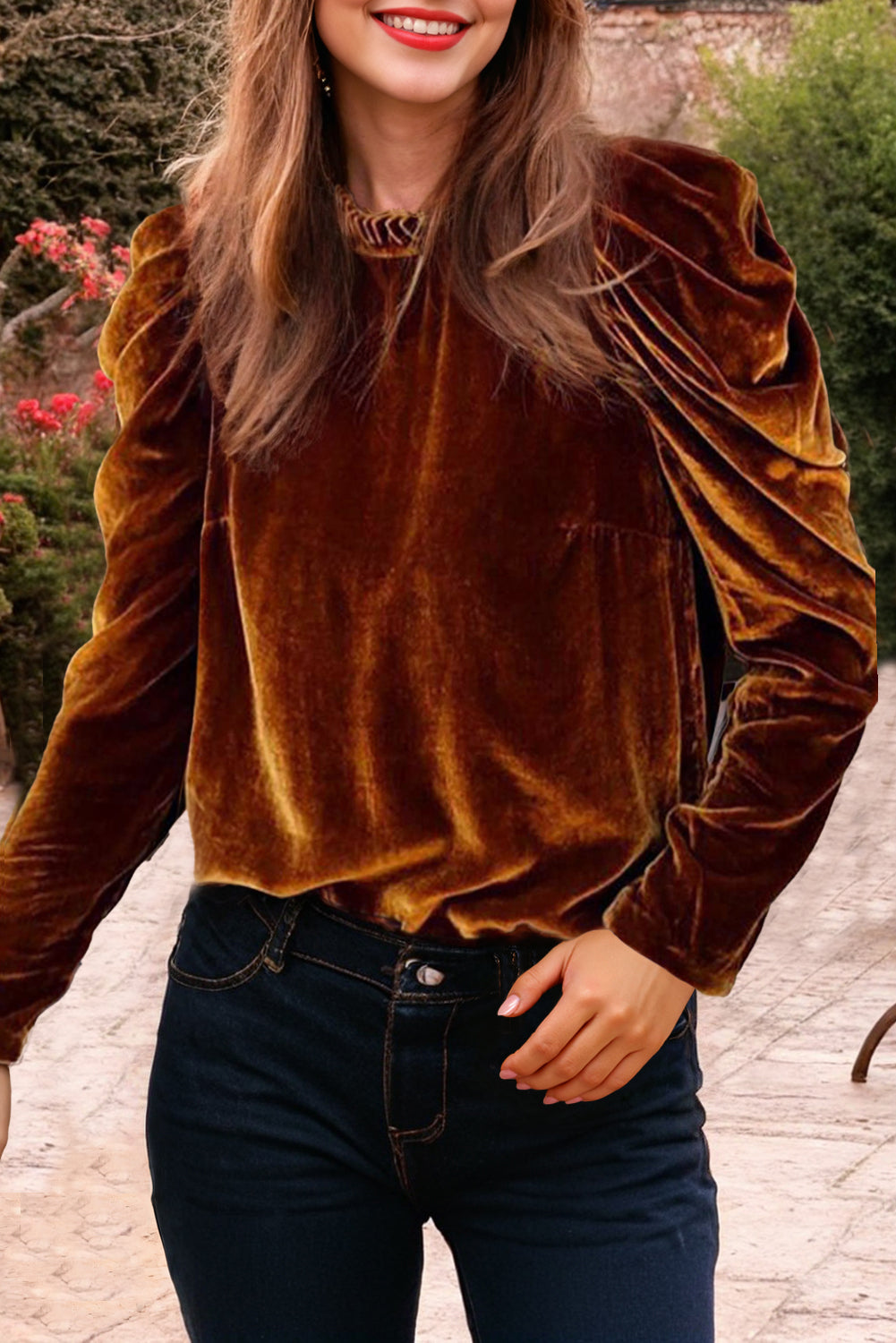 Chestnut Frilled Collar Puff Sleeve Velvet Top-Tops/Long Sleeve Tops-[Adult]-[Female]-Chestnut-S-2022 Online Blue Zone Planet
