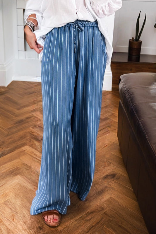 Blue Stripe Chambray Wide Leg Tied Elastic Waist Trousers-Bottoms/Pants & Culotte-[Adult]-[Female]-Blue Stripe-4-2022 Online Blue Zone Planet