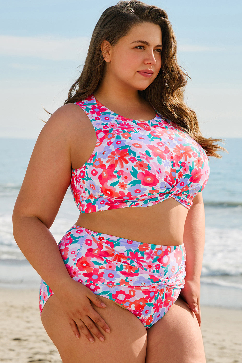 Rose Plus Size Floral Print Twisted High Waist Bikini Set-Plus Size/Plus Size Swimwear-[Adult]-[Female]-2022 Online Blue Zone Planet