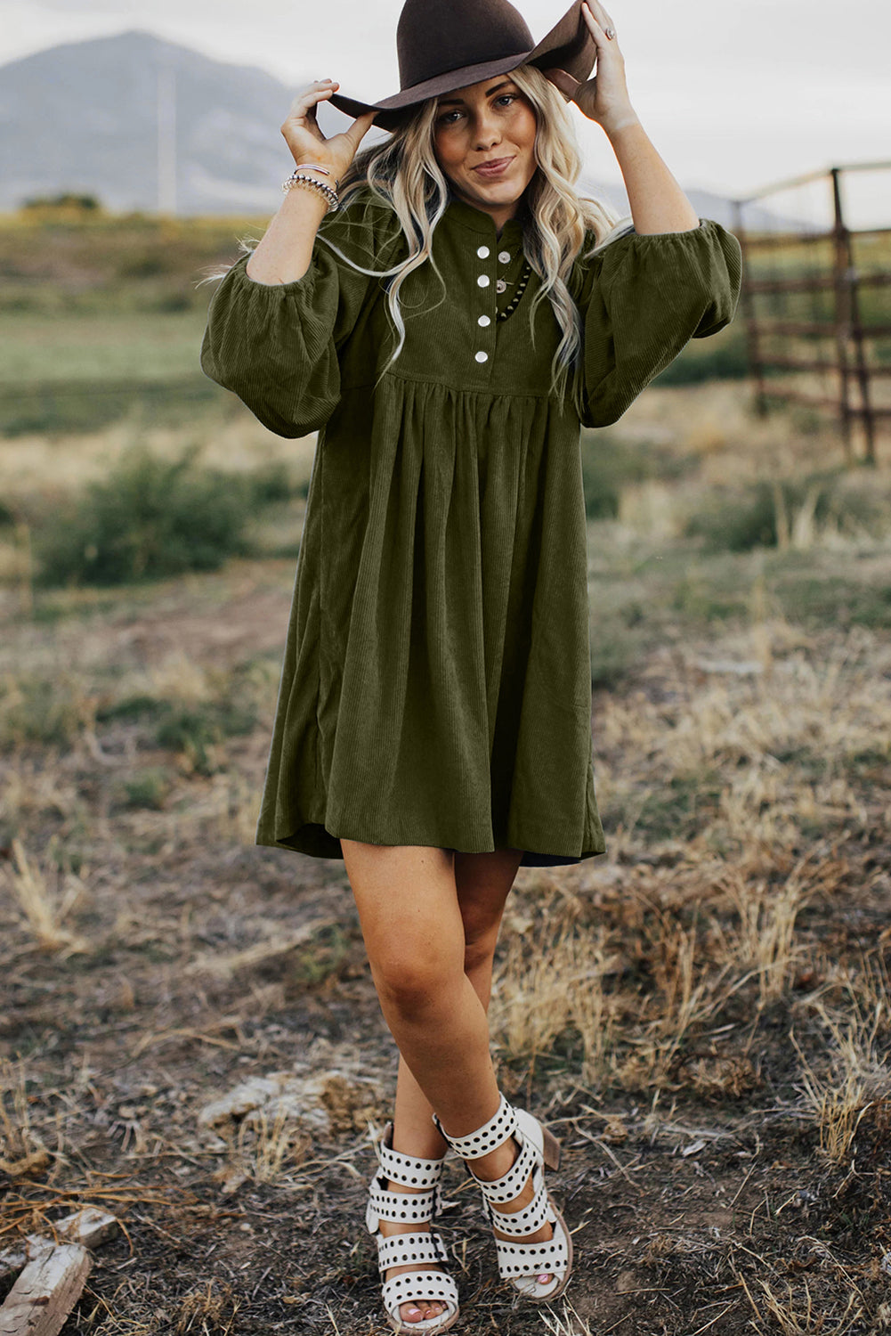 Blue Zone Planet | Vineyard Green Corduroy Snap Buttons Empire Waist Bracelet Sleeve Mini Dress-TOPS / DRESSES-[Adult]-[Female]-2022 Online Blue Zone Planet