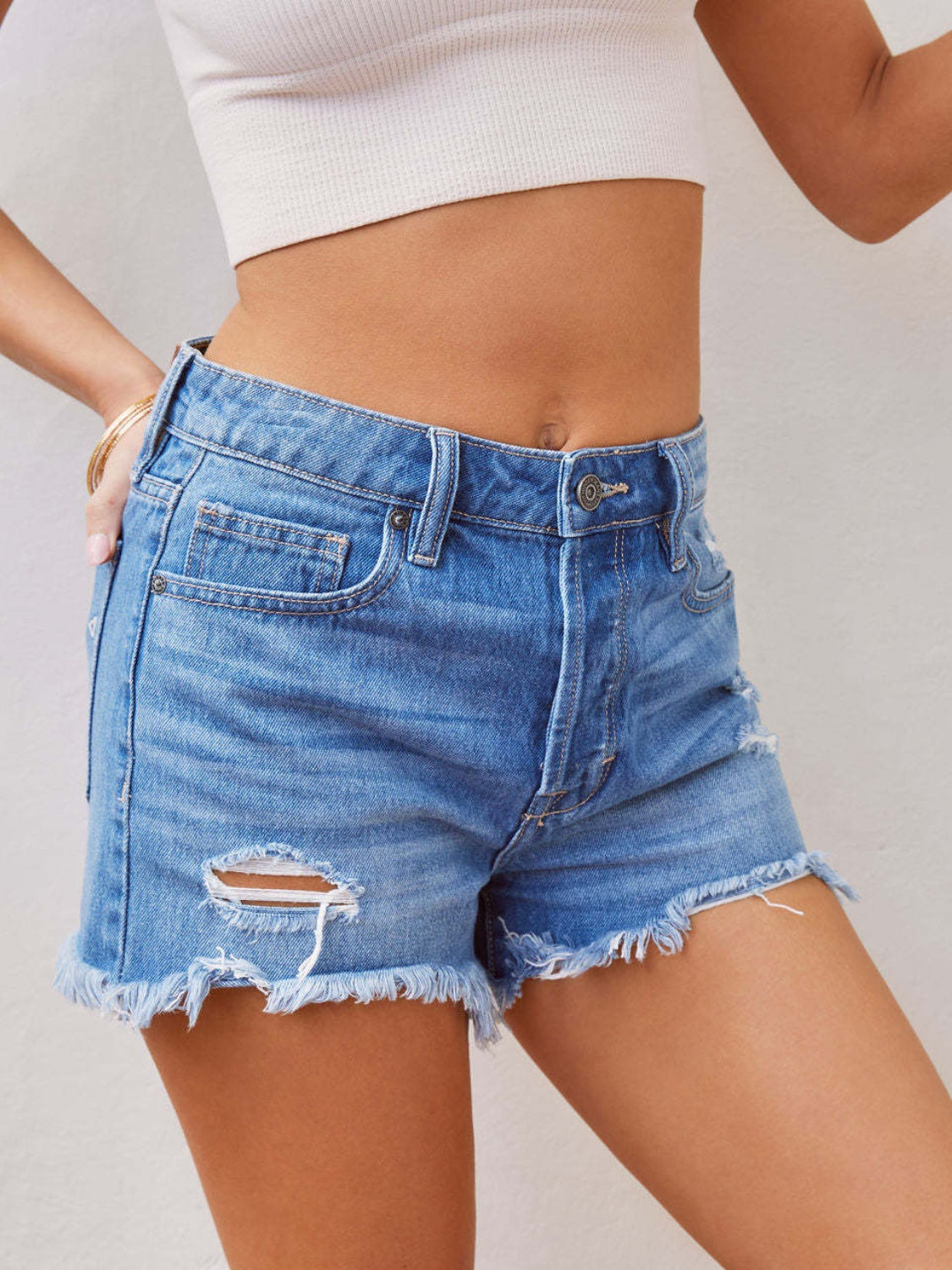 Blue Zone Planet | Distressed Raw Hem Denim Shorts-TOPS / DRESSES-[Adult]-[Female]-2022 Online Blue Zone Planet