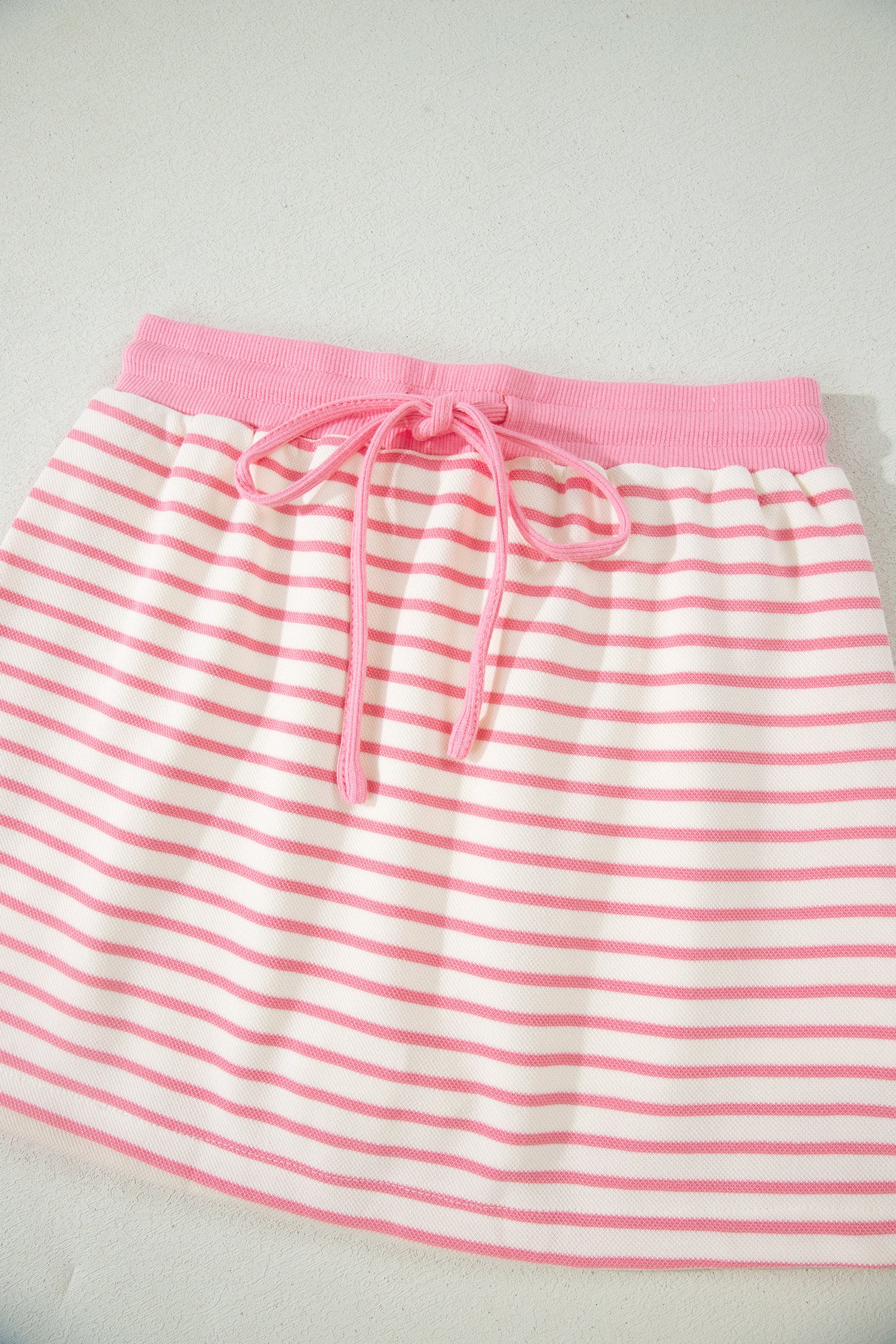 Pink Stripe Color Block Patchwork Polo Tee Drawstring Elastic Waist 2pcs Skort Set-Two Piece Sets/Two Piece Dresses-[Adult]-[Female]-2022 Online Blue Zone Planet