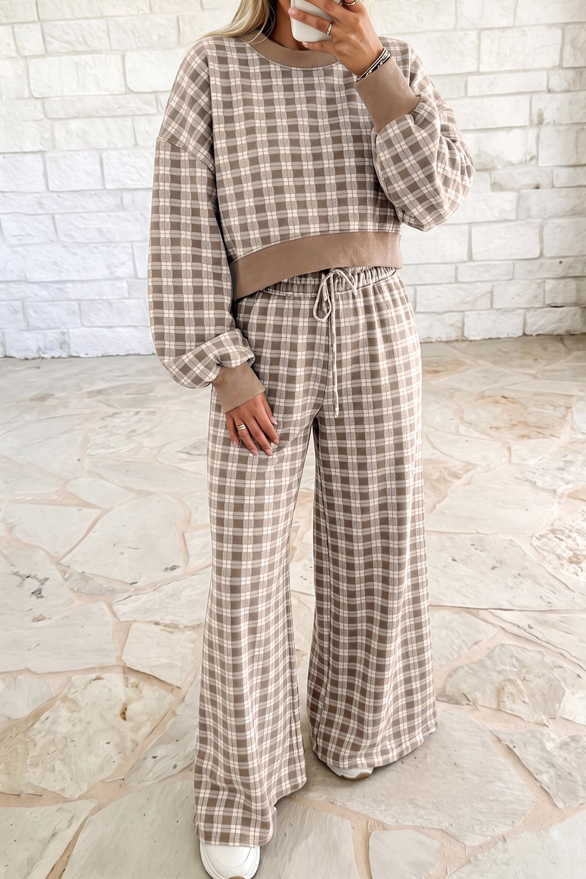 Pink Plaid Long Sleeve Drop Shoulder Top Ribbed Color Block Trim Two Piece Pant Set-Two Piece Sets/Pant Sets-[Adult]-[Female]-Khaki-S-2022 Online Blue Zone Planet