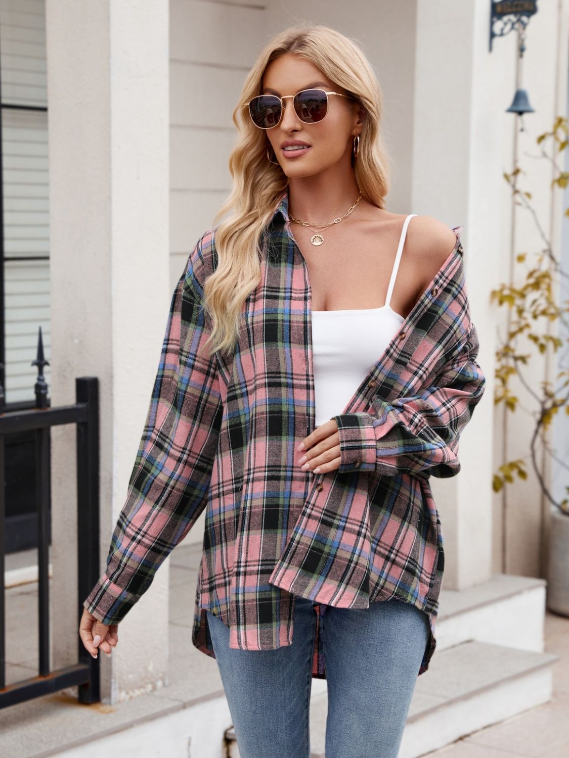 Blue Zone Planet | Mandy Pocketed Plaid Collared Neck Long Sleeve Shirt-TOPS / DRESSES-[Adult]-[Female]-2022 Online Blue Zone Planet