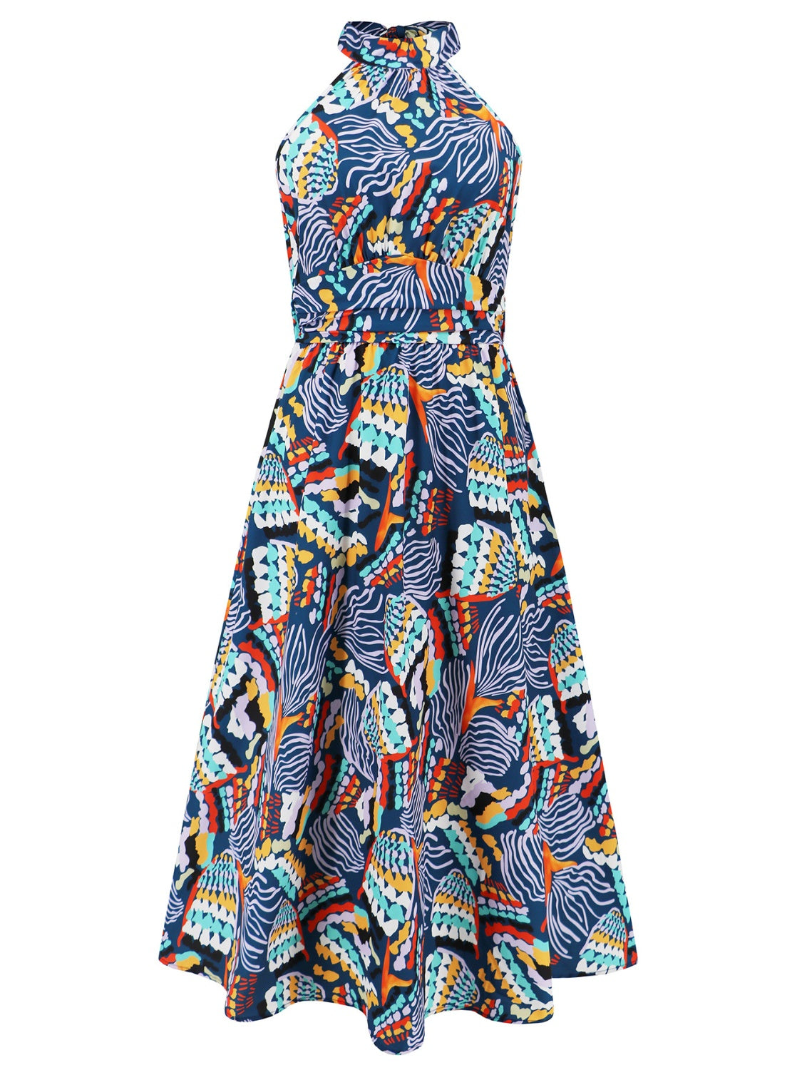 Blue Zone Planet | Ruched Printed Halter Neck Sleeveless Dress-TOPS / DRESSES-[Adult]-[Female]-2022 Online Blue Zone Planet