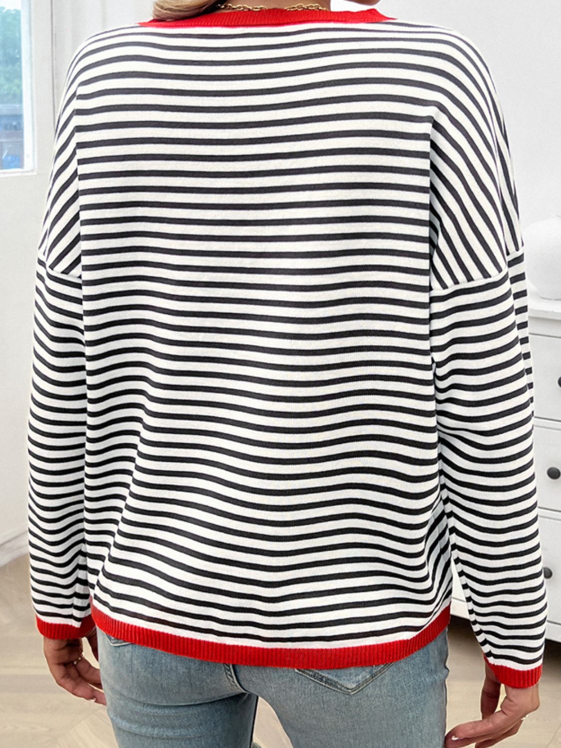 Striped Round Neck Dropped Shoulder Sweater-TOPS / DRESSES-[Adult]-[Female]-2022 Online Blue Zone Planet