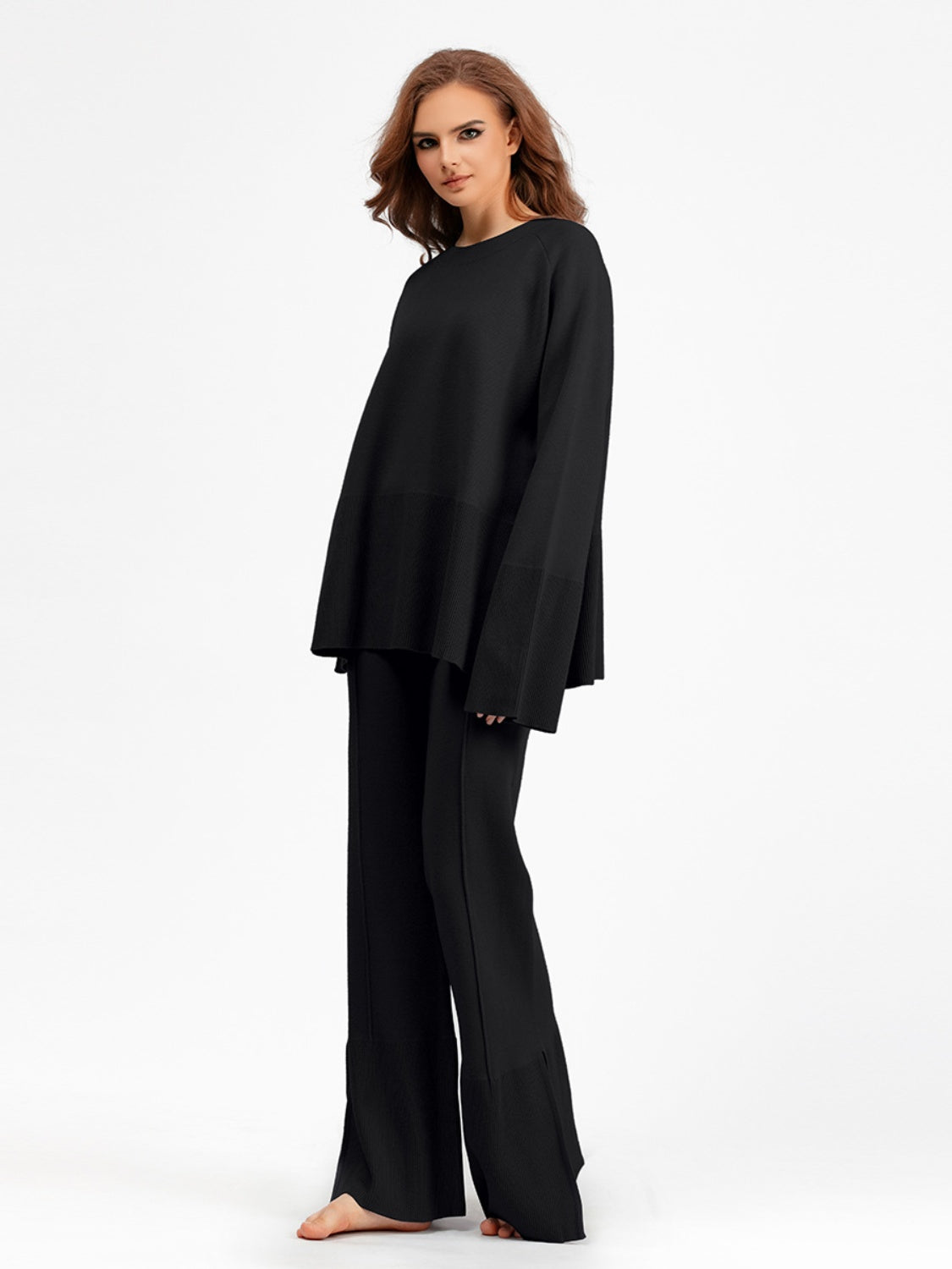 Blue Zone Planet | Basic Bae Slit Round Neck Long Sleeve Top and Drawstring Pants Sweater Set-TOPS / DRESSES-[Adult]-[Female]-Black-One Size-2022 Online Blue Zone Planet