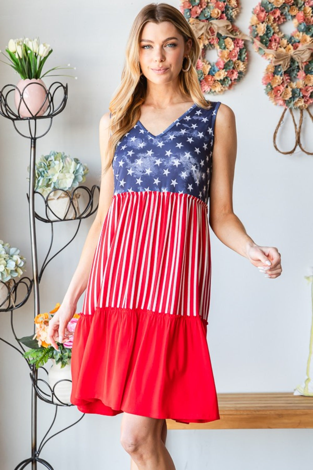 Heimish Full Size US Flag Theme Contrast Tank Dress BLUE ZONE PLANET