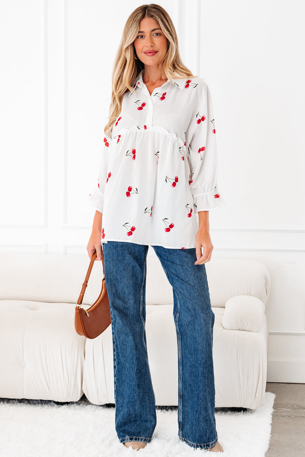 White Cherry Print Flounce Sleeve Collared Frilled Babydoll Blouse-Tops/Blouses & Shirts-[Adult]-[Female]-2022 Online Blue Zone Planet