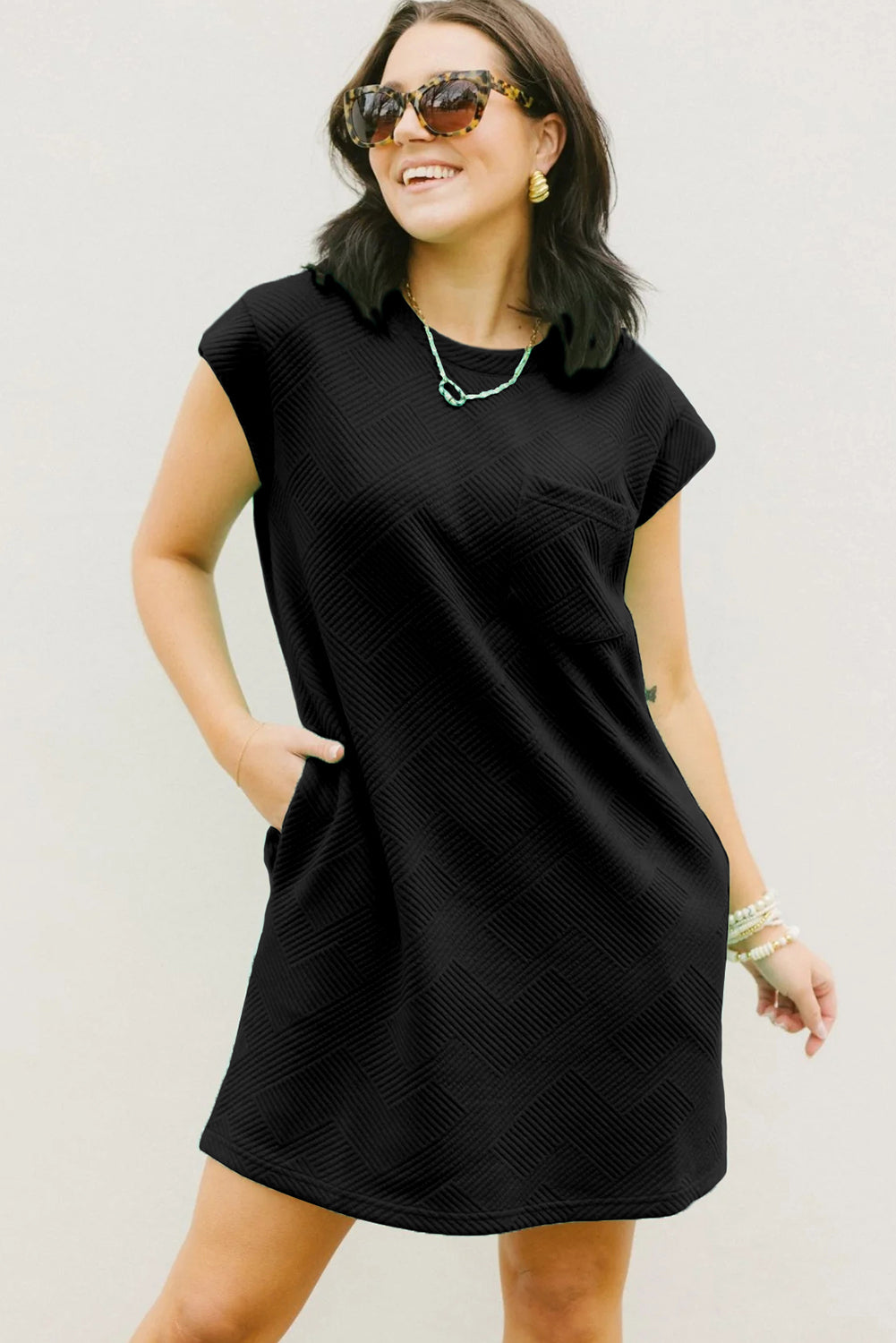 Blue Zone Planet | Black Textured Cap Sleeve T Shirt Dress-TOPS / DRESSES-[Adult]-[Female]-2022 Online Blue Zone Planet