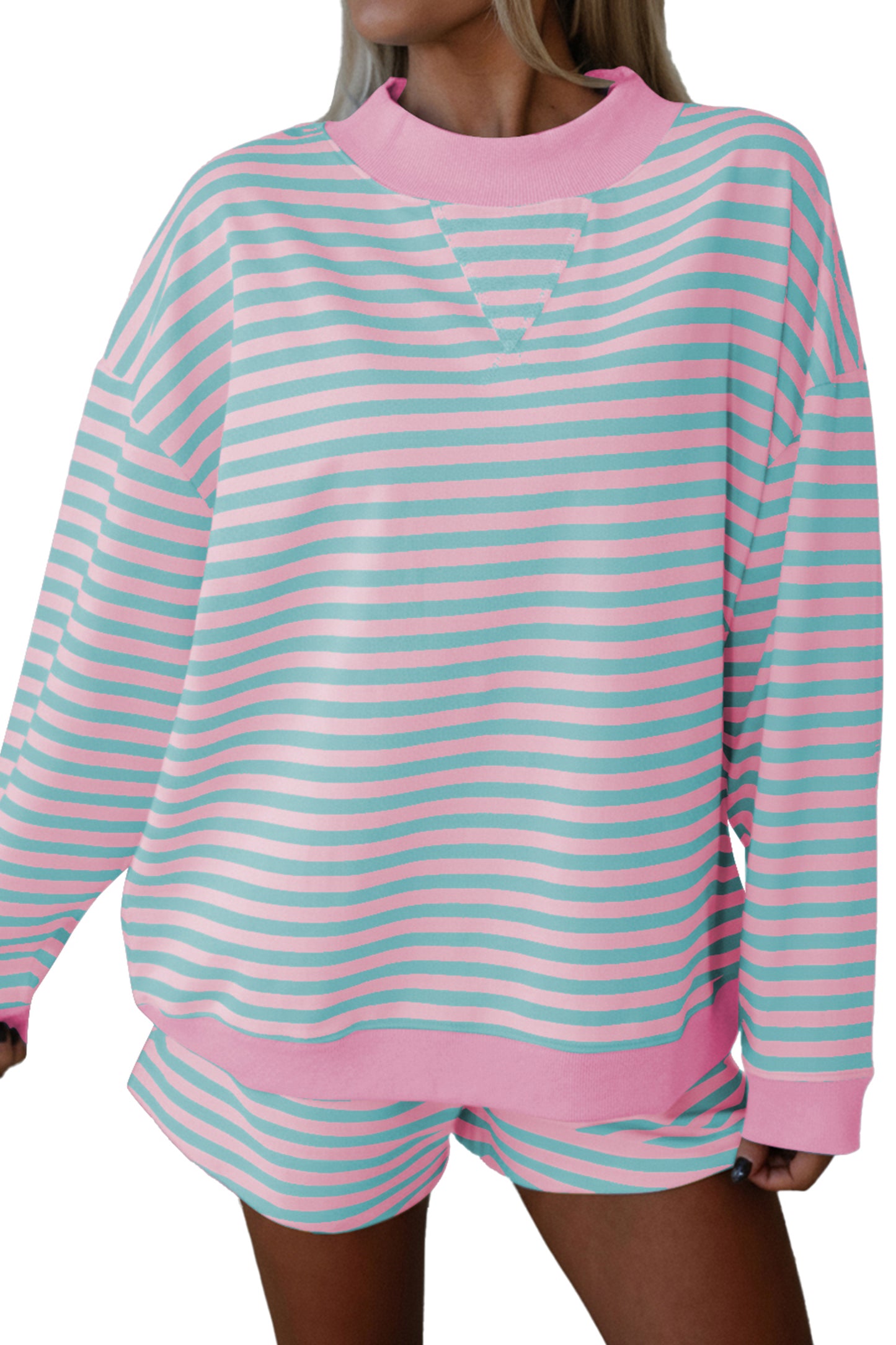 Pink Stripe Color Block Detail Long Sleeve Pullover Elastic Waist Pull On Shorts 2pcs Set-Two Piece Sets/Short Sets-[Adult]-[Female]-2022 Online Blue Zone Planet