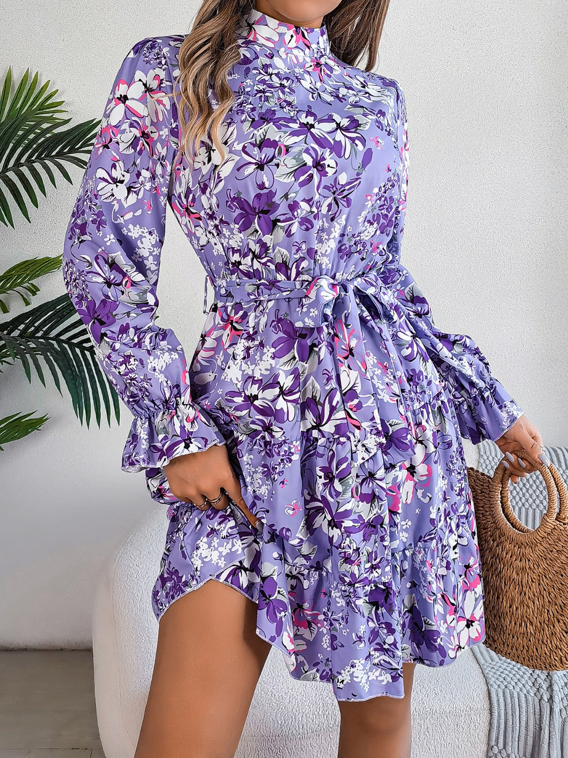 Printed Mock Neck Flounce Sleeve Mini Dress-TOPS / DRESSES-[Adult]-[Female]-2022 Online Blue Zone Planet