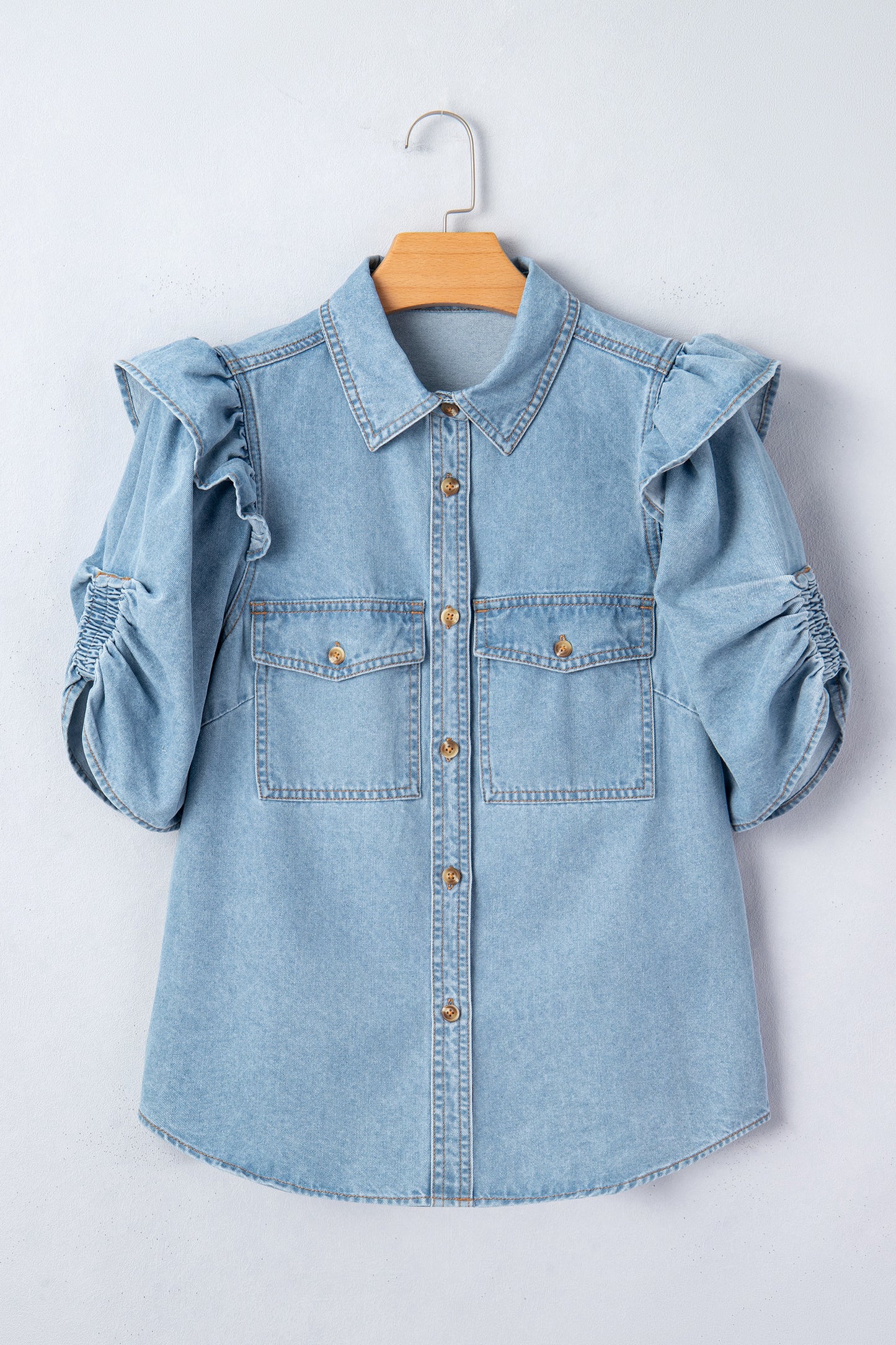Myosotis Ruffle Detail Short Puff Sleeve Button Down Flap Pocket Denim Shirt-Tops/Blouses & Shirts-[Adult]-[Female]-2022 Online Blue Zone Planet