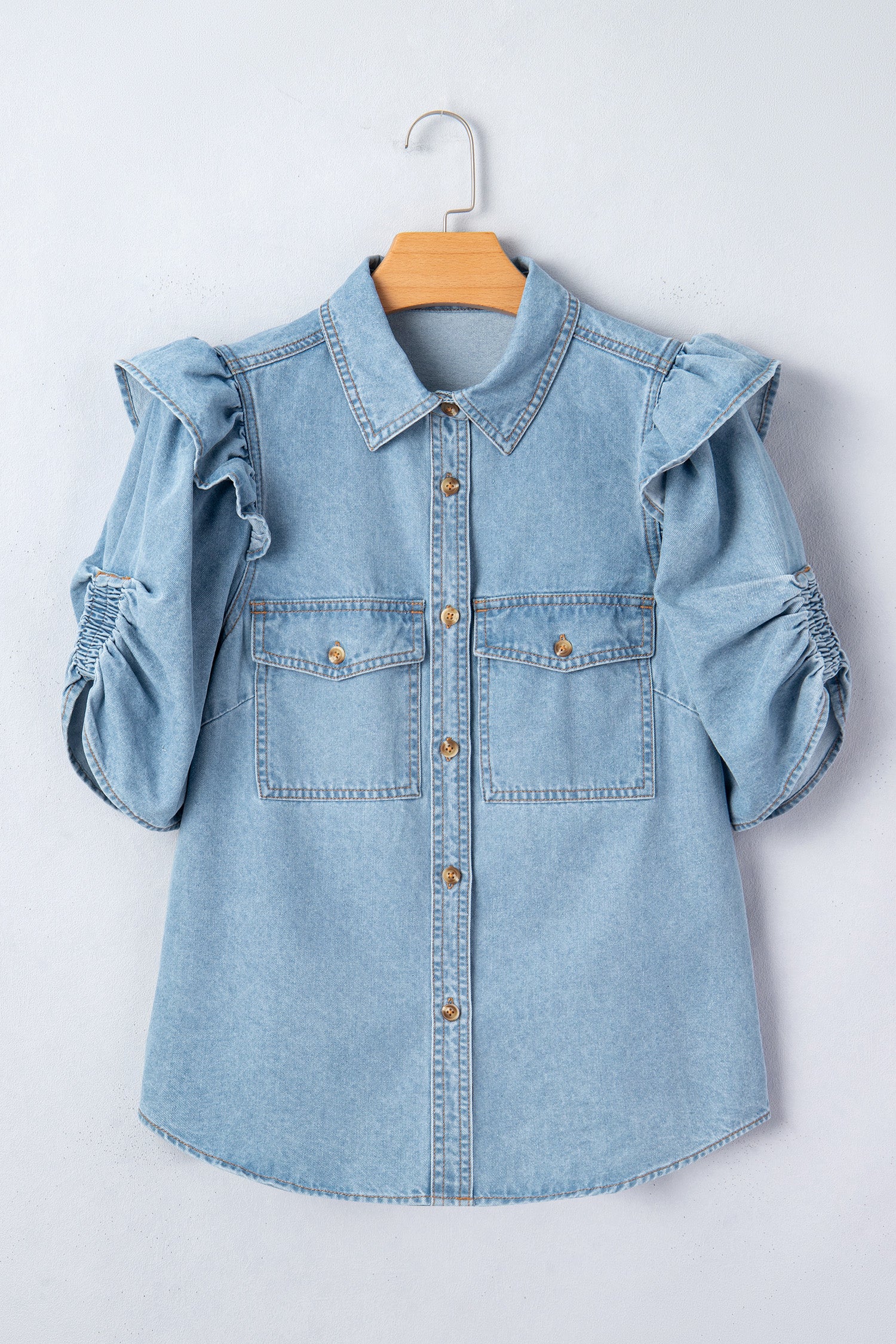 Myosotis Ruffle Detail Short Puff Sleeve Button Down Flap Pocket Denim Shirt-Tops/Blouses & Shirts-[Adult]-[Female]-2022 Online Blue Zone Planet