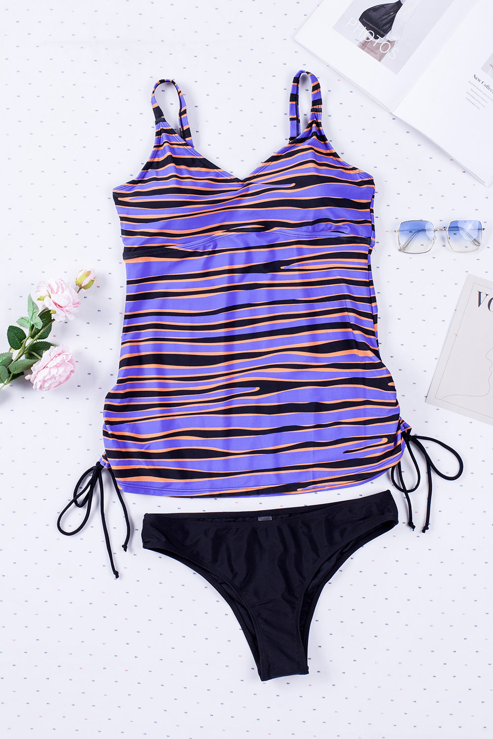 Purple Animal Stripes Lacing Tankini Swimsuit-Swimwear/Tankinis-[Adult]-[Female]-2022 Online Blue Zone Planet