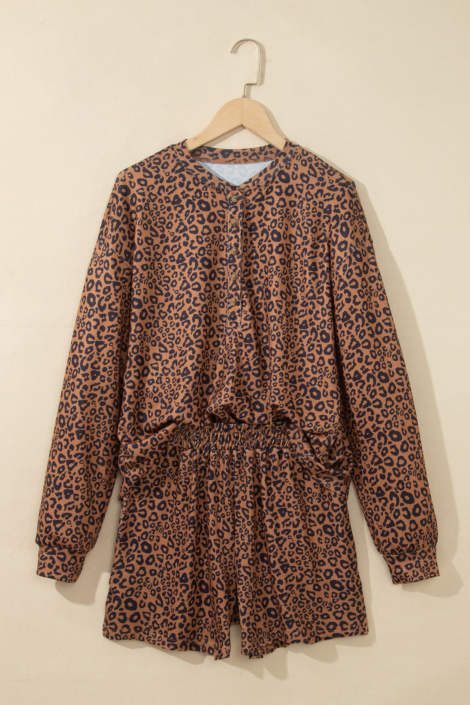 Brown Leopard Print Long Sleeve Henley Top Elastic Waist Shorts 2pcs Outfit-Two Piece Sets/Short Sets-[Adult]-[Female]-2022 Online Blue Zone Planet