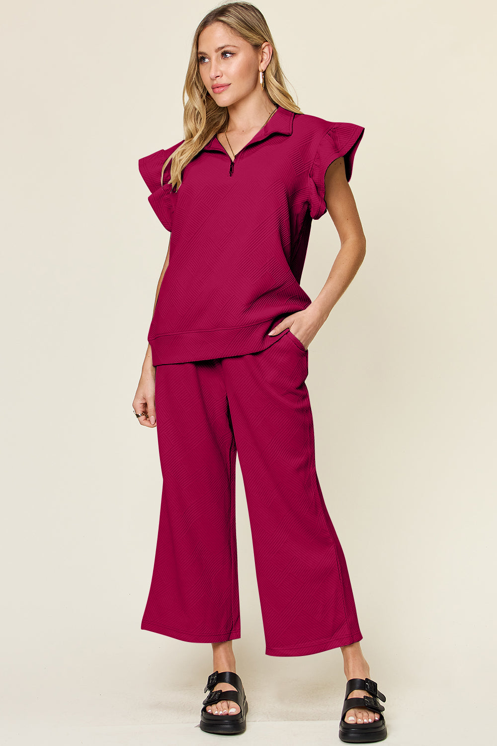 Blue Zone Planet | Double Take Texture Ruffle Short Sleeve Top and Drawstring Wide Leg Pants Set-TOPS / DRESSES-[Adult]-[Female]-Deep Rose-S-2022 Online Blue Zone Planet