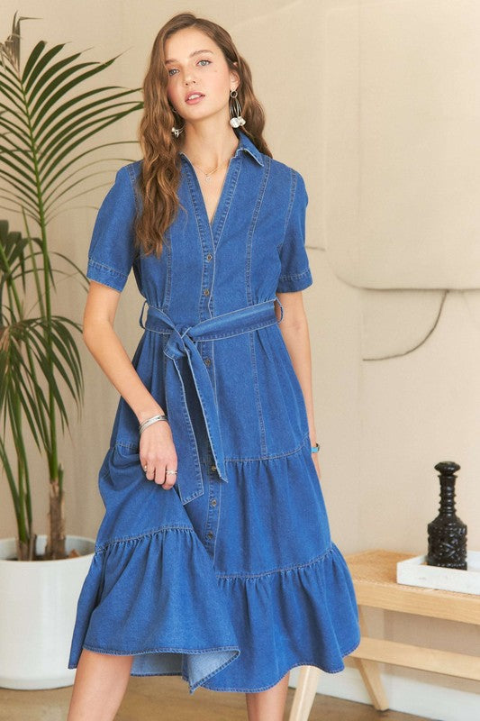 ADORA Tiered Button Down Tie Waist Short Sleeve Denim Dress-TOPS / DRESSES-[Adult]-[Female]-2022 Online Blue Zone Planet