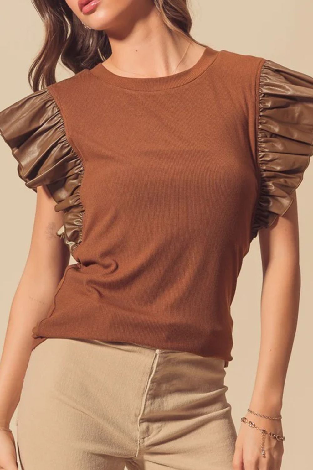 Ruffled Round Neck Cap Sleeve Blouse-TOPS / DRESSES-[Adult]-[Female]-2022 Online Blue Zone Planet