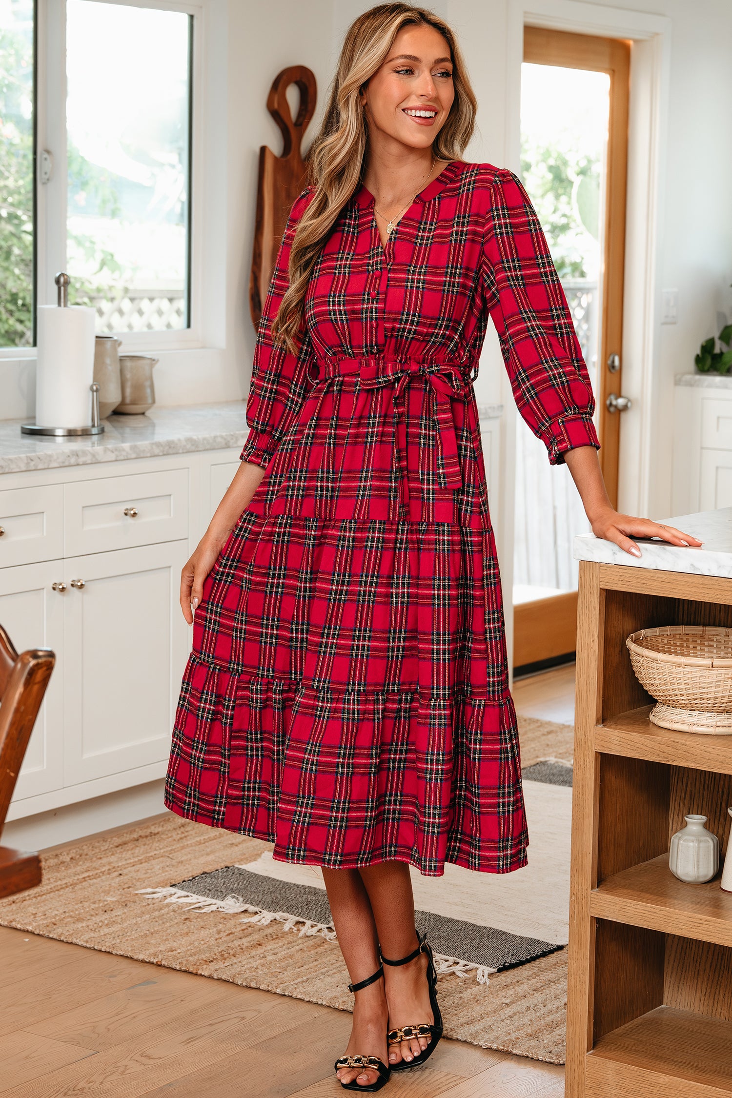 Red Christmas Plaid V Neck 3/4 Sleeve Tie Waist Ruffle Hem Long Dress Red / XL / 59%Polyester+41%Cotton