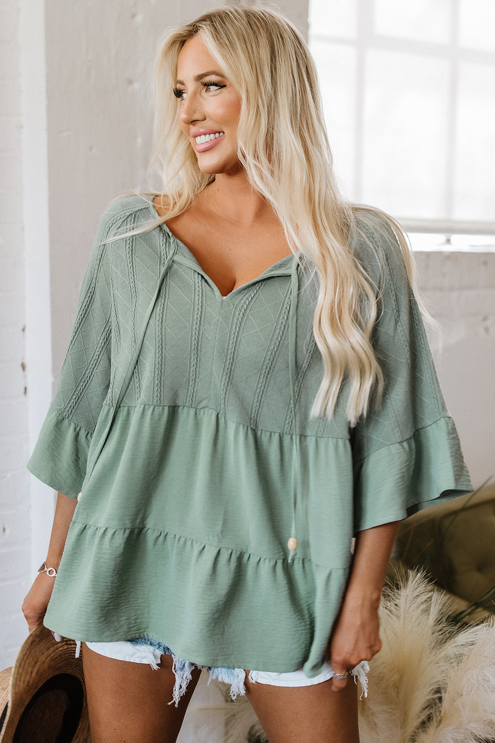 Laurel Green Tie Split Neck Textured Ruffle Patchwork Blouse-Tops/Blouses & Shirts-[Adult]-[Female]-2022 Online Blue Zone Planet
