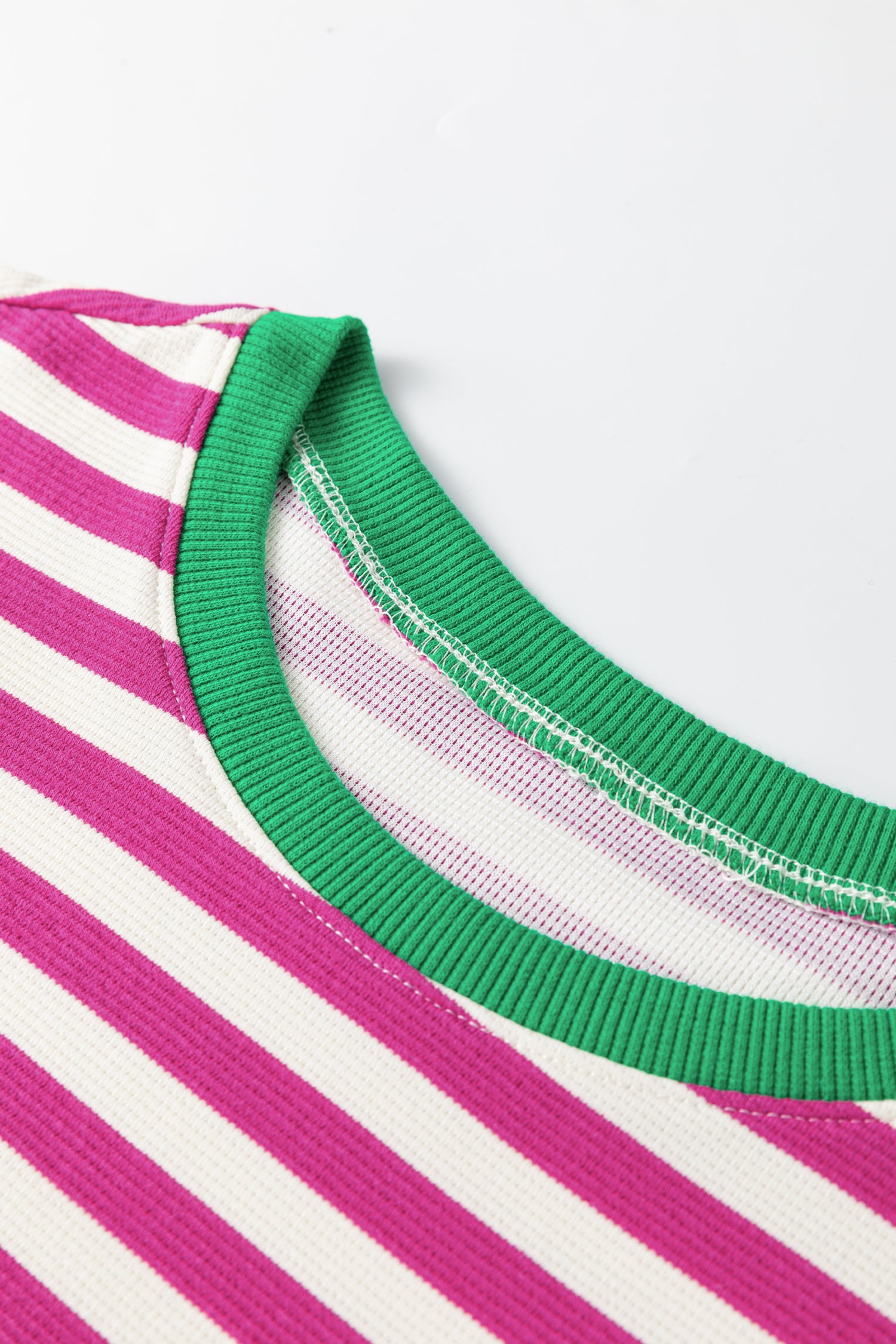 Rose Stripe Short Puff Sleeve Contrast Trim Round Neck Tee-Tops/Tops & Tees-[Adult]-[Female]-2022 Online Blue Zone Planet