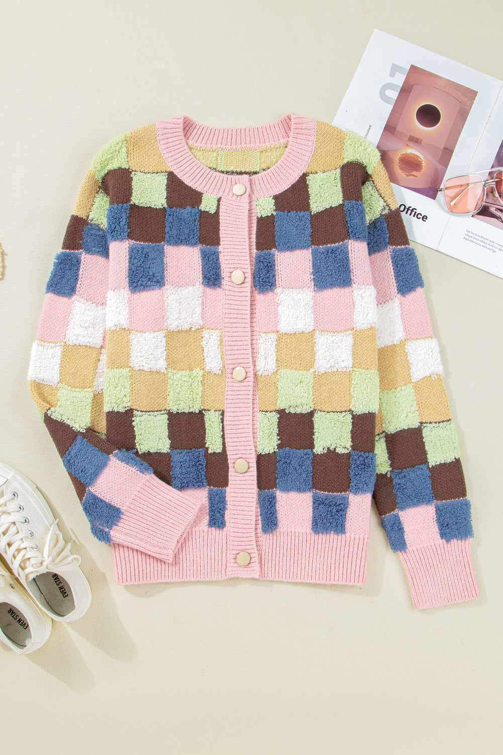 Multicolour Plush Checkered Pattern Button Front Cardigan Sweater-Sweaters & Cardigans/Cardigans-[Adult]-[Female]-2022 Online Blue Zone Planet