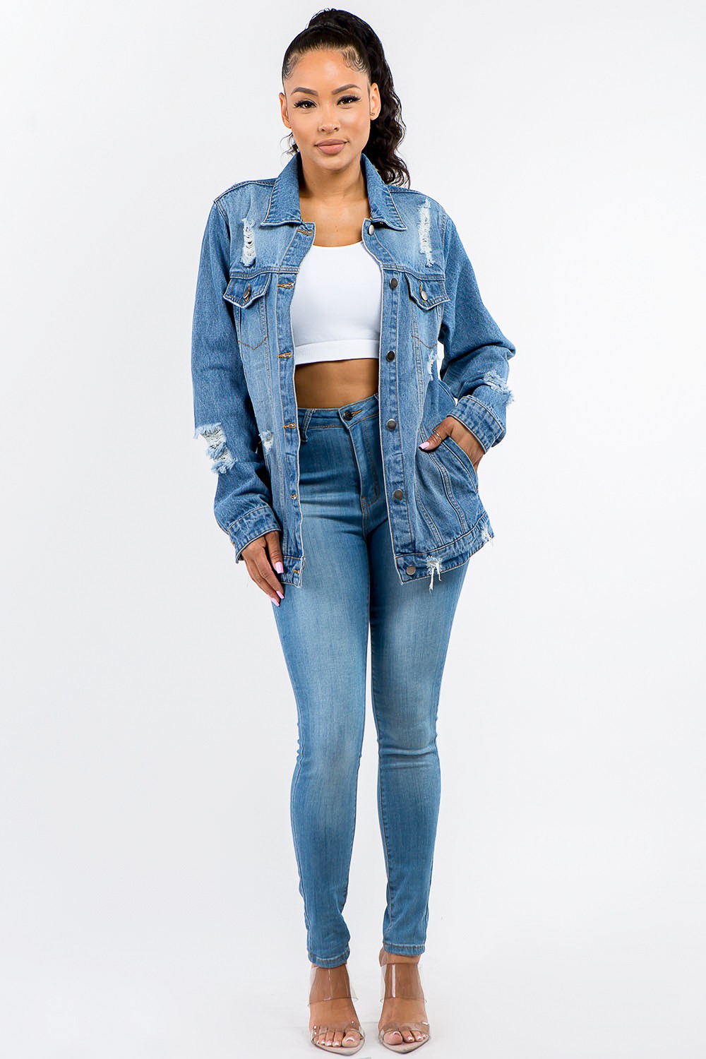 American Bazi Full Size Button Up Distressed Denim Jacket-TOPS / DRESSES-[Adult]-[Female]-2022 Online Blue Zone Planet